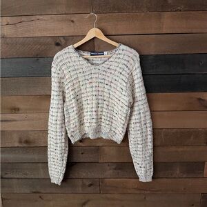 Vintage Cream Speckled Knit Sweater 90s Cropped Long Sleeve Pullover